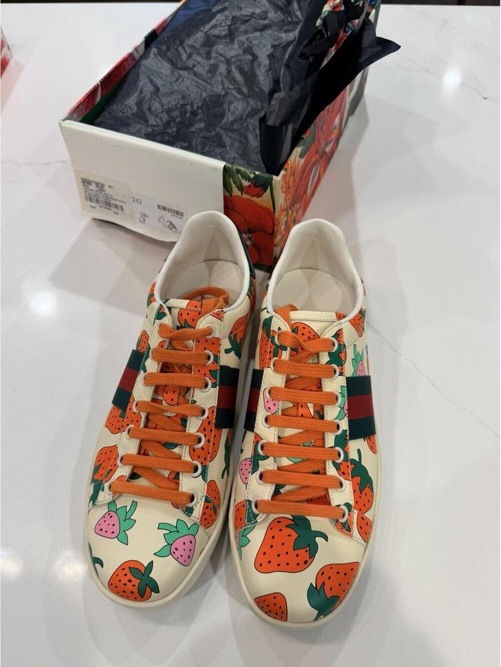 Gucci Women's Ace Shoes Strawberry White Sz 38.5 US 8.5w New w/ DamBox See Pics
